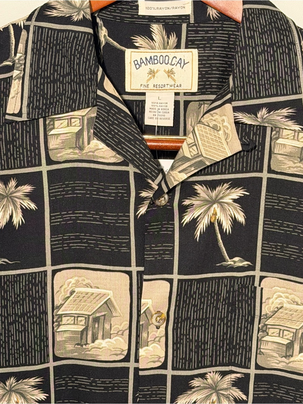 BAMBOO CAY Brand Black Palm-Print Rayon Island Style Shirt